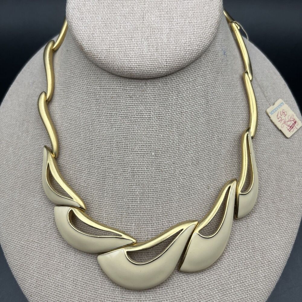 Vintage Trifari Bib Collar Necklace Gold Tone Bar Link Abstract Design 1980s